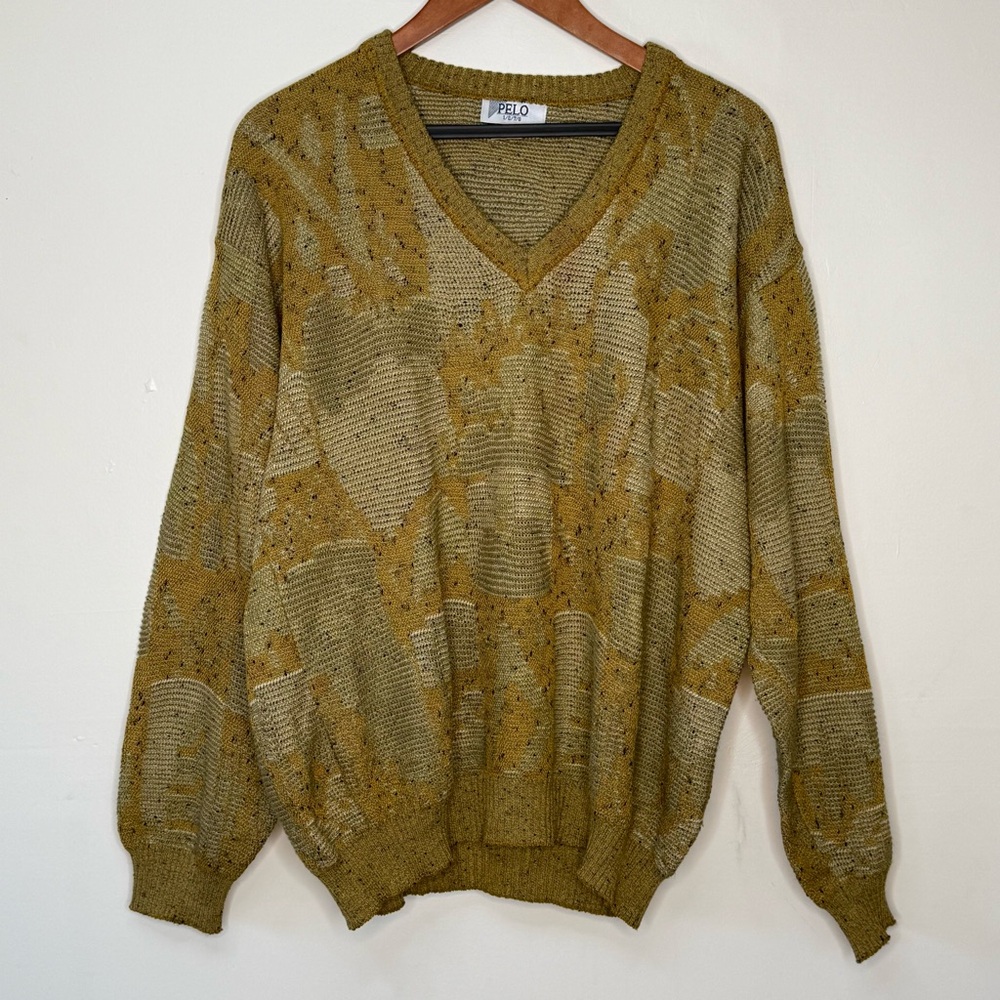 VTG PELO West Germany Abstract Knit V-Neck Sweater Earth Tones Mustard Olive 48